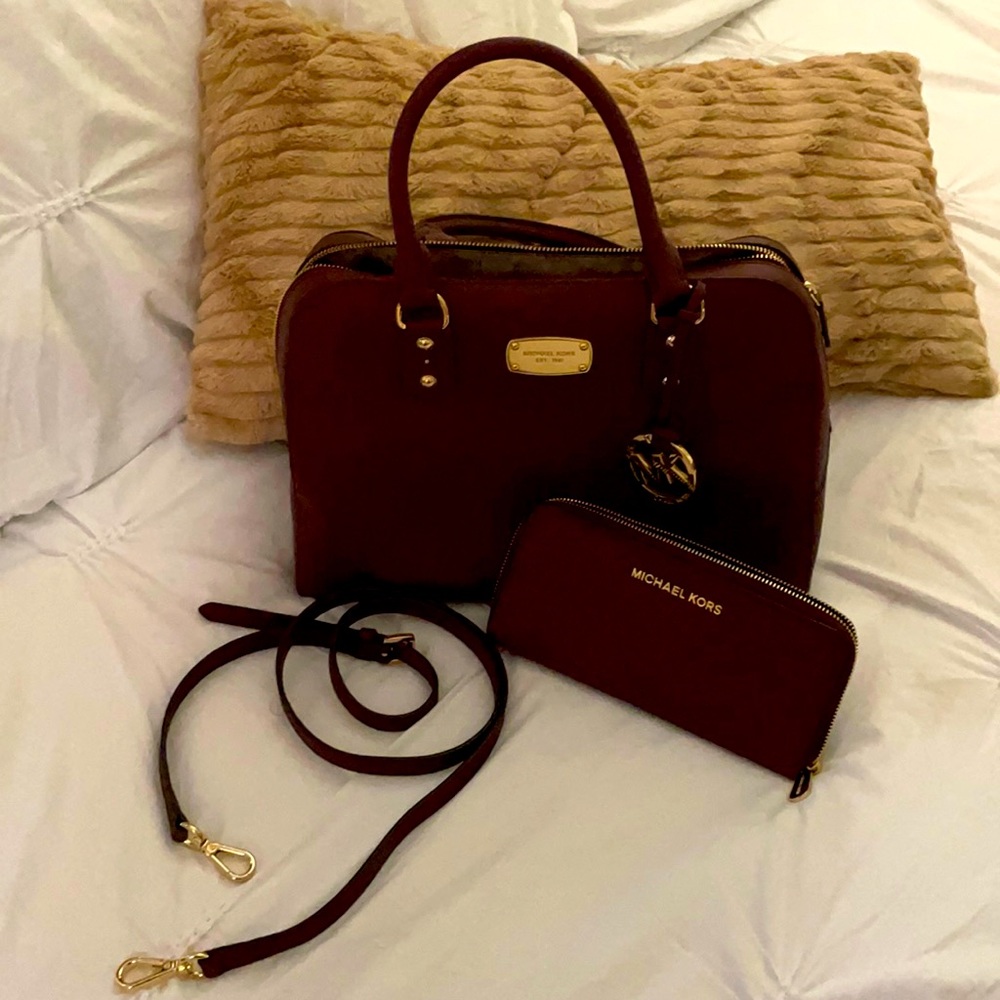 Maroon Michael Kors bag with matching wallet